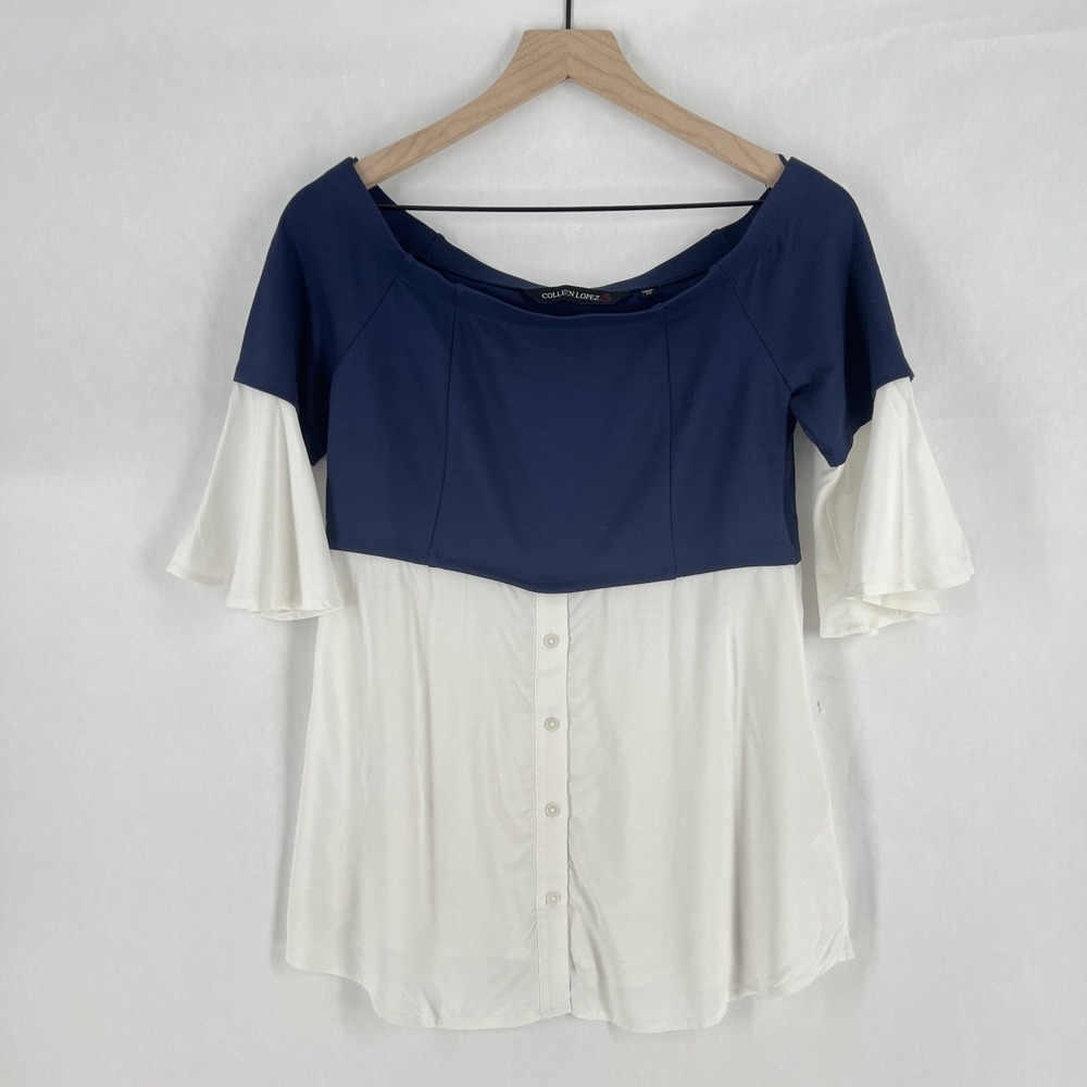 Colleen Lopez Blouse Top Womens XS Navy Blueβ White Bell Sleeve Off the Shoulder